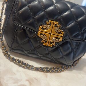 Black Quilted Crossbody Bag with Gold Accents
